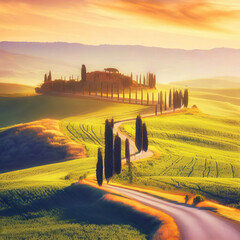 Poster - Tuscan rolling hills with cypresses and oak trees, photorealistic illustration