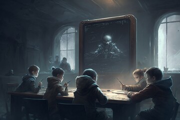 Futuristic school classroom with augmented reality projected on an electronic blackboard, Generative Ai