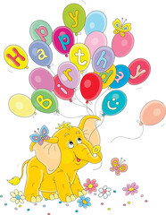 Wall Mural - Birthday card with a happy baby elephant holding colorful balloons among flowers and merry butterflies, vector cartoon illustration on a white background