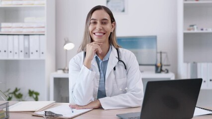 Wall Mural - Portrait, doctor or happy woman with smile by laptop sitting in a hospital for wellness, help or insurance. Trust, medical nurse or face of healthcare consultant smiling or working in office clinic