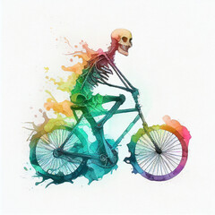 Skeleton on bicycle. Watercolor drawing..