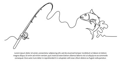 One continuous fishing line. Line drawing of a fish hit by a fishing hook. Minimalist style vector illustration on white background.