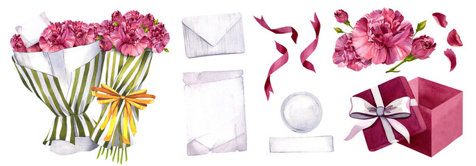 A set of carnations, flowers in a package, a gift box. Delivery of pink flowers with a note in an envelope. Logo stickers. Watercolor botanical illustration. Isolated white background.