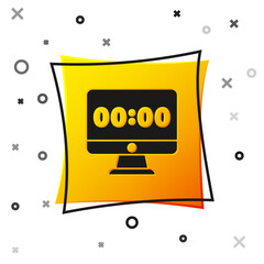 Wall Mural - Black Clock on computer monitor screen icon isolated on white background. Schedule concepts. Yellow square button. Vector