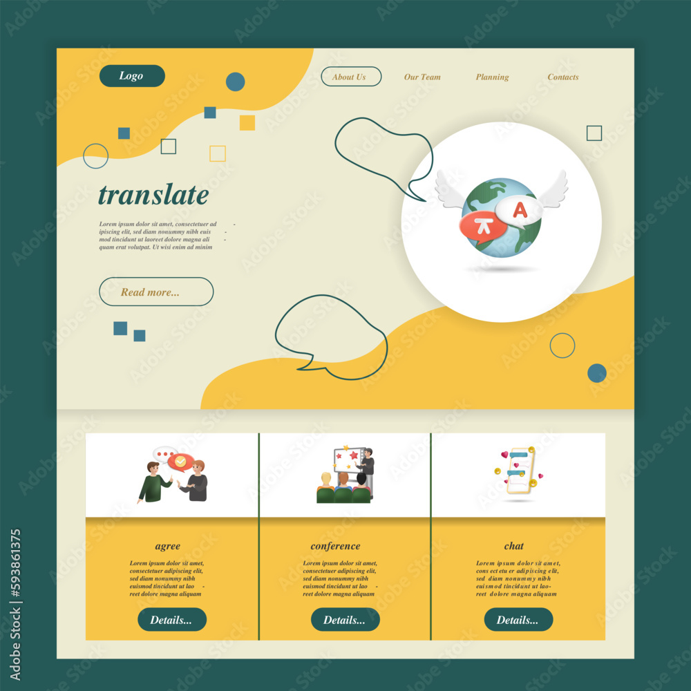Translate flat landing page website template. Agree, conference, chat ...