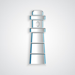 Sticker - Paper cut Lighthouse icon isolated on grey background. Paper art style. Vector