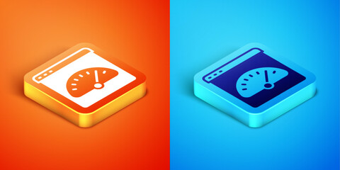 Wall Mural - isometric digital speed meter icon isolated on orange and blue background. global network high speed