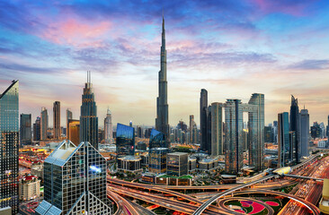 Wall Mural - Amazing skyline of Dubai City center and Sheikh Zayed road intersection, United Arab Emirates