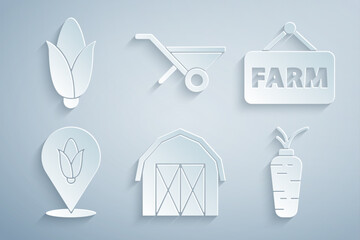 set farm house, signboard with text, location corn, carrot, wheelbarrow and corn icon. vector