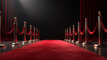 Red Carpet And Rope Barrier With Red Curtain Background
