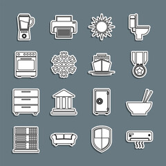 Poster - Set line Air conditioner, Bowl with chopsticks, Medal star, Sun, Snowflake, Oven, Blender and Ship icon. Vector