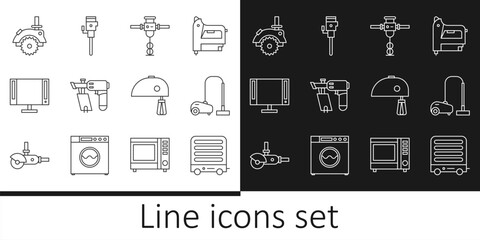 Wall Mural - Set line Electric heater, Vacuum cleaner, Construction jackhammer, Nail gun, Smart Tv, circular saw, mixer and icon. Vector