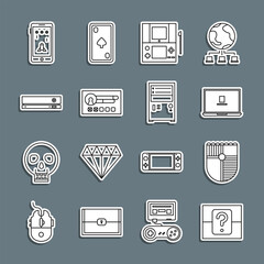 Poster - Set line Mystery or random box, Shield for game, Laptop, Portable video console, Create account screen, Video, Mobile playing in and Computer icon. Vector