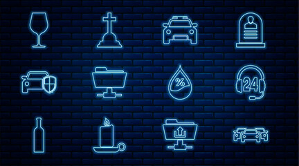 Poster - Set line Cars, Headphone for support, Police car and flasher, FTP folder, protection insurance, Wine glass, Water drop percentage and Tombstone with cross icon. Vector