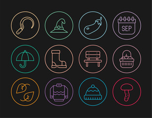 Sticker - Set line Mushroom, Basket and food, Eggplant, Waterproof rubber boot, Umbrella, Sickle, Bench and Witch hat icon. Vector