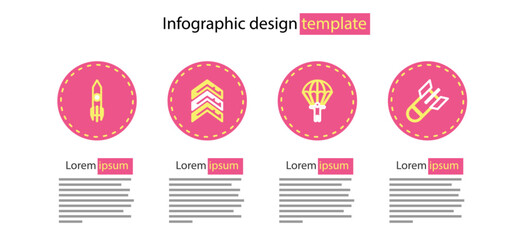 Poster - Set line Parachute, Aviation bomb, Military rank and Nuclear rocket icon. Vector