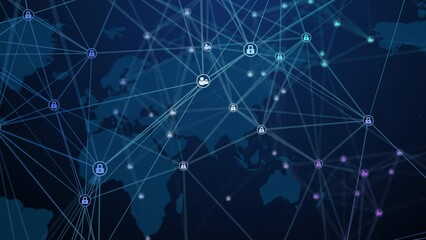 Lock as symbol of Internet security and user protection. Technology of global cyber security. Futuristic blue background with plexus lines. Looped motion graphics.