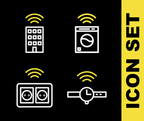 Poster - set line smart washer, smartwatch, electrical outlet and home with wireless icon. vector