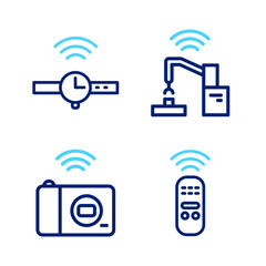 Poster - set line smart remote control, photo camera, robotic robot arm hand factory and smartwatch icon. vec
