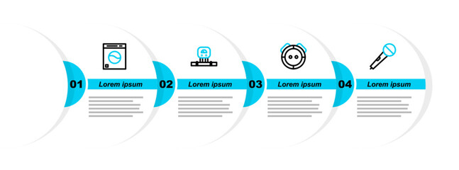 Sticker - Set line Microphone, Robot vacuum cleaner, Smart sensor and Washer icon. Vector