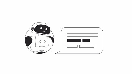 Fototapete - Bot answering in chat bw animation. Animated faq chatbot 2D flat monochromatic thin line character. AI customer service 4K video concept footage