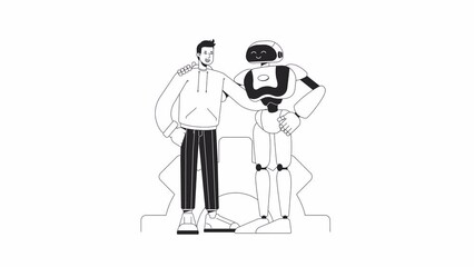 Fototapete - Robotics and humanity bw animation. Animated humanoid robot hugs human 2D flat monochromatic thin line characters. AI impact 4K video concept footage with alpha channel transparency for web design