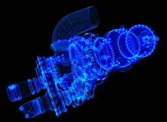 Wall Mural - Gas turbine engine. Blue particle and lines form 3d model