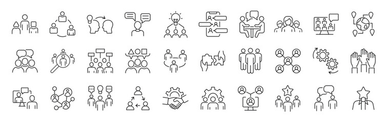 set of 30 thin line icons related team, teamwork, co-workers, cooperation. linear busines simple sym