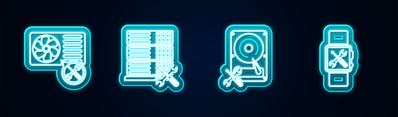 Sticker - Set line Air conditioner service, Database server, Hard disk drive and Smartwatch. Glowing neon icon. Vector