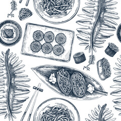 Edible seaweed vector background. Healthy food trends seamless pattern. Hand-drawn wakame algae backdrop. Sea vegetables and seaweeds illustration. Japanese cuisine restaurant menu design or texture