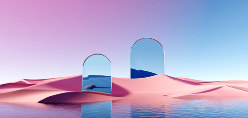 Wall Mural - 3d render surreal pastel landscape background with geometric shapes, abstract fantastic desert dune 