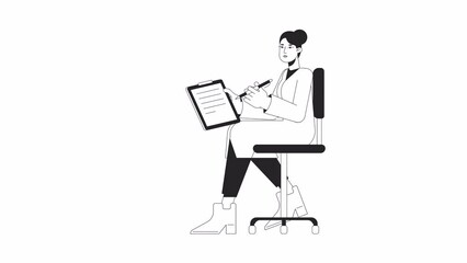 Poster - Doctor writing notes bw animation. Animated female physician on office chair 2D flat monochromatic thin line character. 4K video concept footage with alpha channel transparency for web design