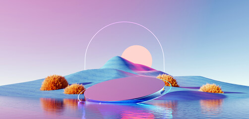 Wall Mural - 3d render surreal pastel landscape background with geometric shapes, abstract fantastic desert dune 