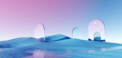 Wall Mural - 3d render surreal pastel landscape background with geometric shapes, abstract fantastic desert dune 