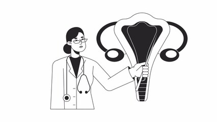 Poster - female gynecologist bw animation. animated medical specialist 2d flat monochromatic thin line charac