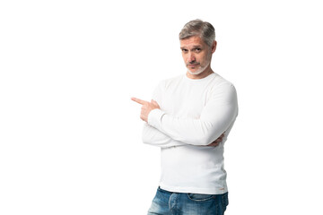 Handsome middle age senior man presenting and pointing with palm of hand looking at the camera over transparent background