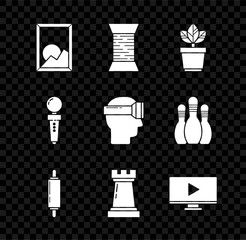 Poster - Set Picture landscape, Sewing thread on spool, Flowers pot, Rolling pin, Chess symbol, Online play video, Joystick for arcade machine and Virtual reality glasses icon. Vector