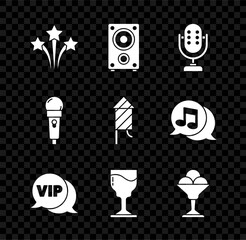 Sticker - Set Firework, Stereo speaker, Microphone, Vip in speech bubble, Wine glass, Ice cream bowl, and rocket icon. Vector