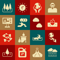 Sticker - Set Cloud with rain, Hands holding Earth globe, Iceberg, Barrel oil leak, Television report, Forest and icon. Vector