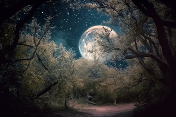 Wall Mural - Fairy winter forest moon. Generate Ai