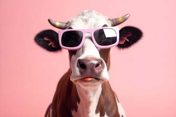 Wall Mural - cute character head portrait sunglasses cow face animal funny colourful. Generative AI.