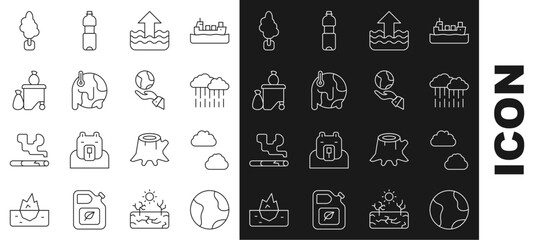 Poster - Set line Earth globe, Cloud, with rain, Rise water level, Global warming, Full dustbin, Tree and Hands holding icon. Vector