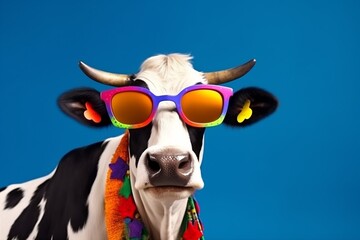 Wall Mural - portrait funny character animal colourful head cute cow sunglasses face. Generative AI.