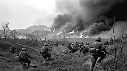 Wall Mural - vintage grayscale picture of korean war generative ai