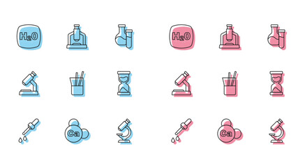 Sticker - Set line Pipette, Mineral Ca Calcium, Chemical formula H2O, Microscope, Laboratory glassware, Old hourglass, and icon. Vector