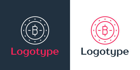 Poster - Logotype line Cryptocurrency coin Bitcoin icon isolated on white background. Physical bit coin. Blockchain based secure crypto currency. Logo design template element. Vector