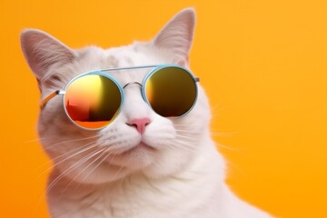 funny fashion portrait animal cute sunglasses pet cat neon colourful. Generative AI.