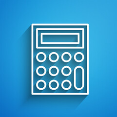 Aufkleber - White line Calculator icon isolated on blue background. Accounting symbol. Business calculations mathematics education and finance. Long shadow. Vector