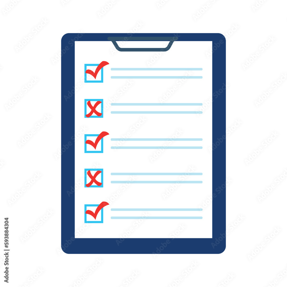 Checklist with red checkmarks and crosses. Checklist with checkmarks and crosses. Clipboard with checklist, checkmarks and crosses. Business document with checkmarks and crosses