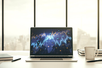 Aufkleber - Modern computer monitor with abstract creative financial chart with world map, research and strategy concept. 3D Rendering